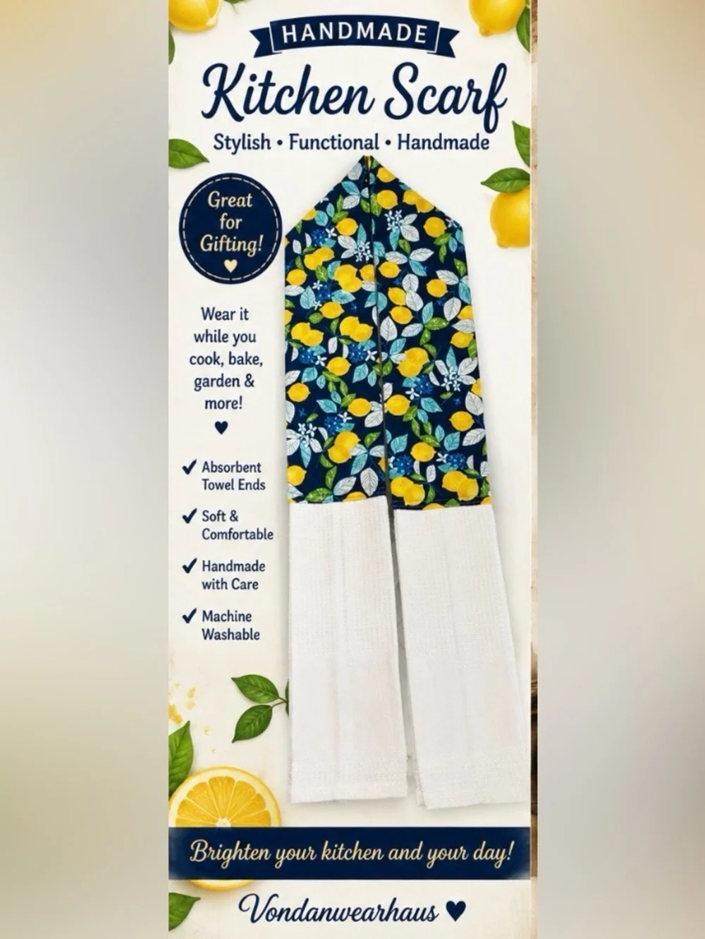 Hand Crafted Navy Lemon Print Kitchen Scarf with White Towel Ends